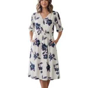 Draper James RSVP Floral Midi Dress XL Ivory Purple V-Neck Puff Sleeve Pockets